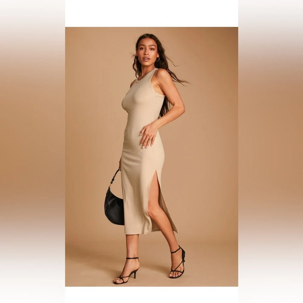 Lulu’s Simply Wonderful Tan Ribbed Bodycon Midi Dress - Picture 4 of 8